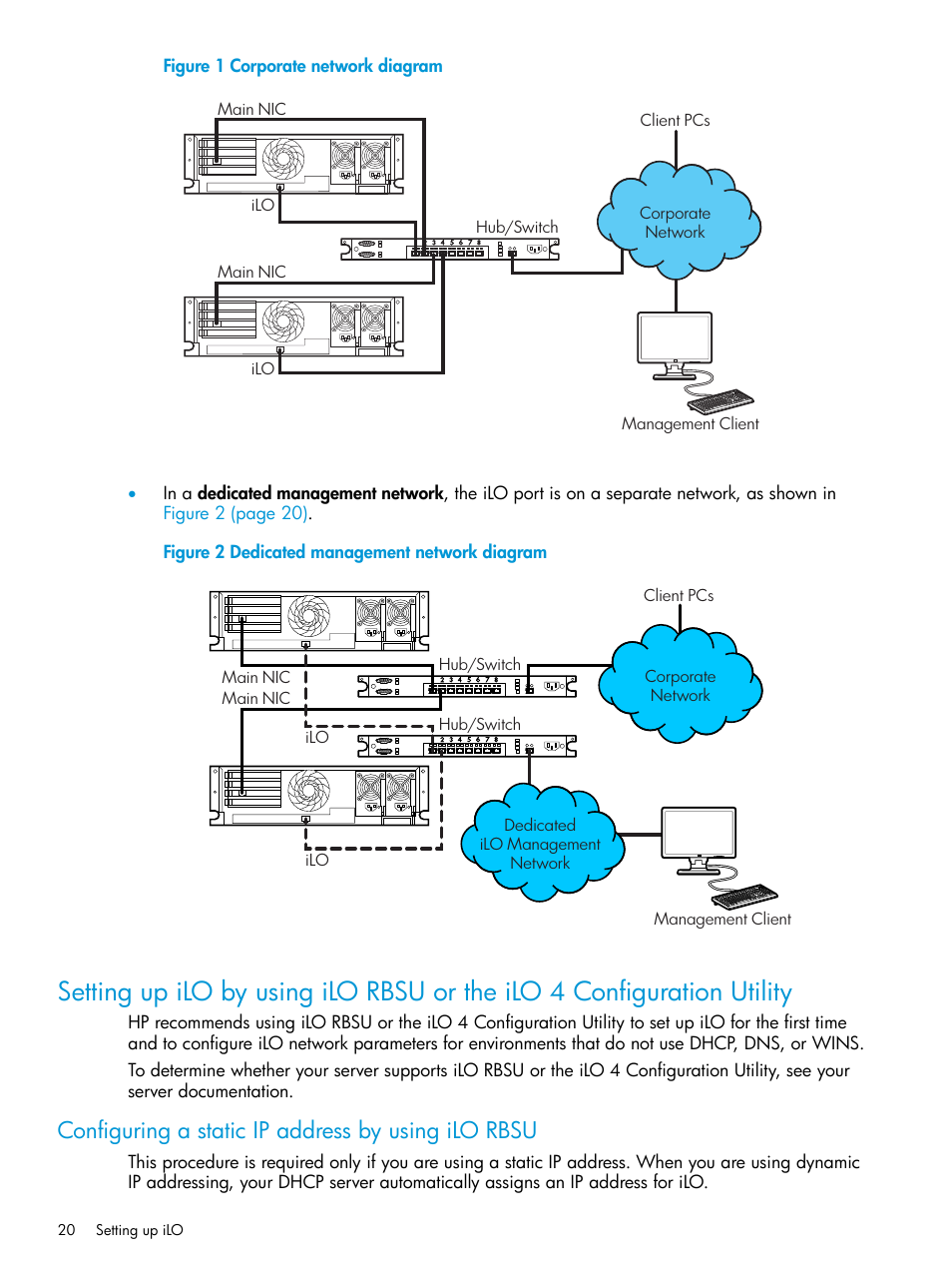 Configuring a static ip address by using ilo rbsu, Setting up ilo by using ilo rbsu | HP Integrated Lights-Out 4 User Manual | Page 20 / 356