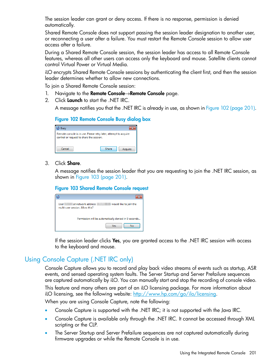 Using console capture (.net irc only) | HP Integrated Lights-Out 4 User Manual | Page 201 / 356