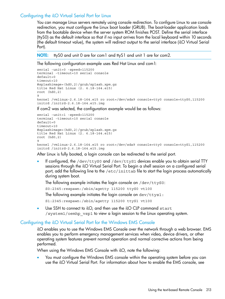 Configuring the ilo virtual serial port for linux, Configuring the ilo virtual | HP Integrated Lights-Out 4 User Manual | Page 213 / 356