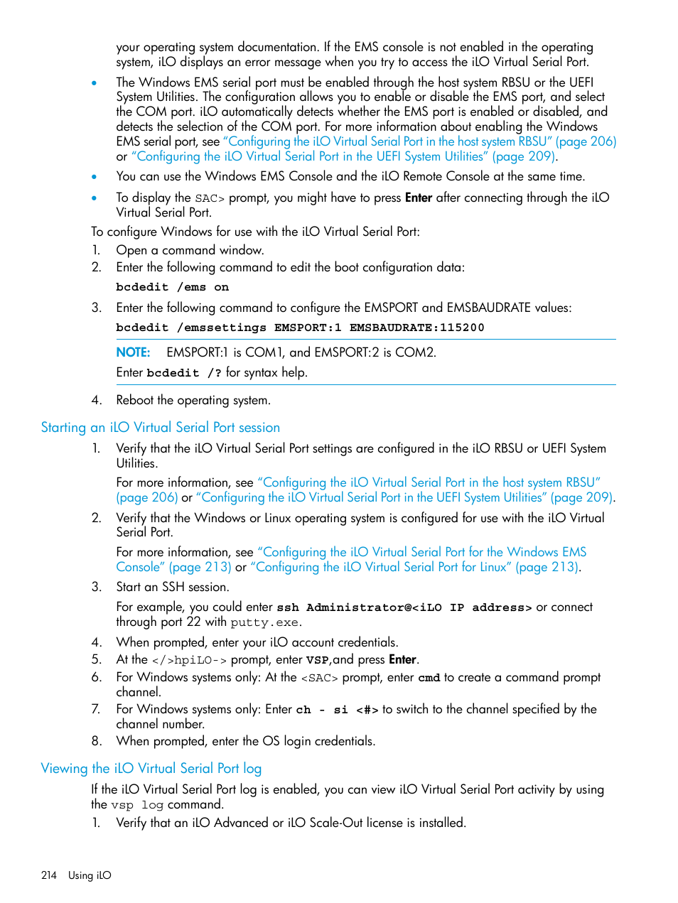 Starting an ilo virtual serial port session, Viewing the ilo virtual serial port log | HP Integrated Lights-Out 4 User Manual | Page 214 / 356