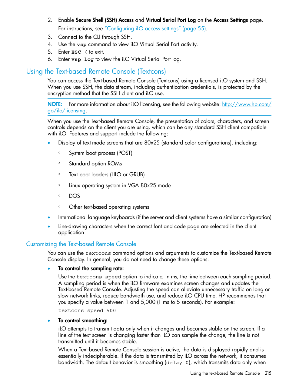 Using the text-based remote console (textcons), Customizing the text-based remote console | HP Integrated Lights-Out 4 User Manual | Page 215 / 356