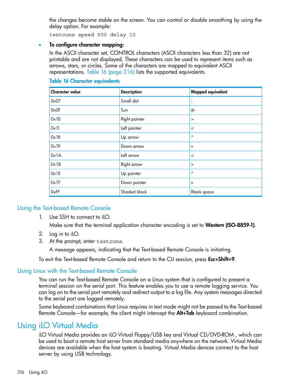 Using the text-based remote console, Using linux with the text-based remote console, Using ilo virtual media | HP Integrated Lights-Out 4 User Manual | Page 216 / 356