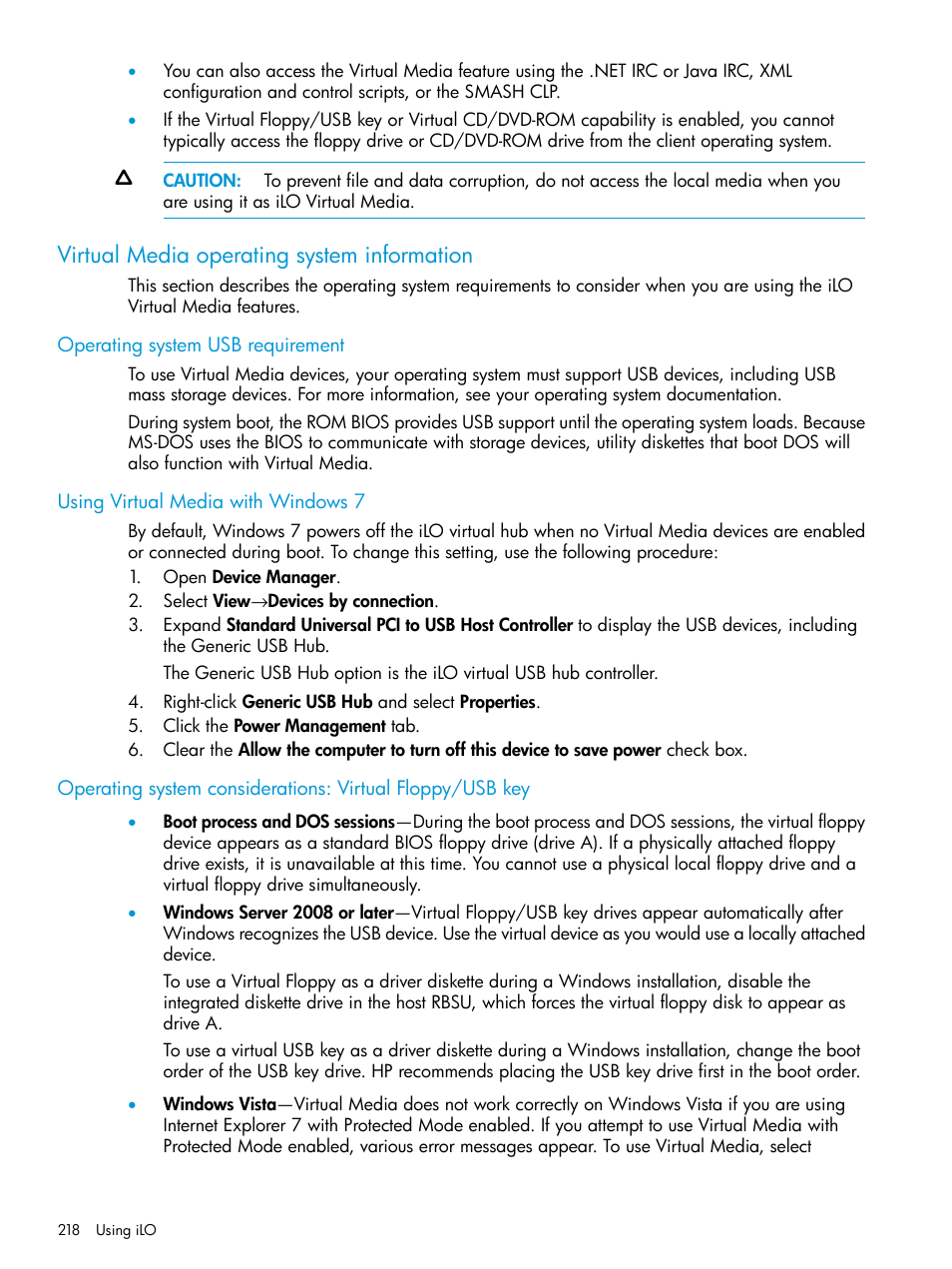 Virtual media operating system information, Operating system usb requirement, Using virtual media with windows 7 | HP Integrated Lights-Out 4 User Manual | Page 218 / 356