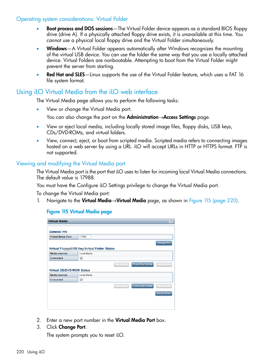 Operating system considerations: virtual folder, Using ilo virtual media from the ilo web interface, Viewing and modifying the virtual media port | HP Integrated Lights-Out 4 User Manual | Page 220 / 356