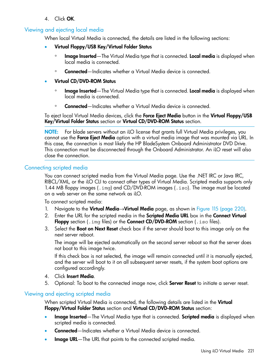 Viewing and ejecting local media, Connecting scripted media, Viewing and ejecting scripted media | HP Integrated Lights-Out 4 User Manual | Page 221 / 356