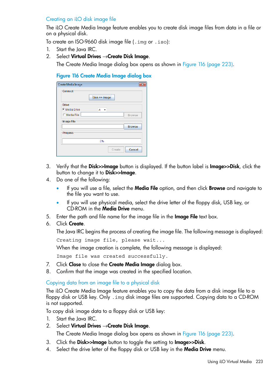 Creating an ilo disk image file, Copying data from an image file to a physical disk | HP Integrated Lights-Out 4 User Manual | Page 223 / 356