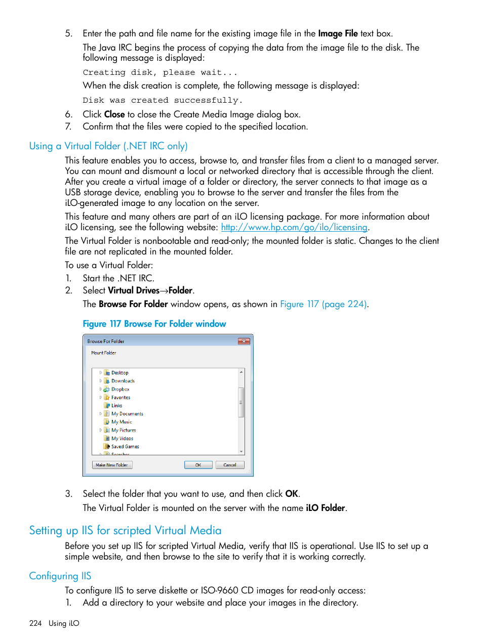 Using a virtual folder (.net irc only), Setting up iis for scripted virtual media, Configuring iis | HP Integrated Lights-Out 4 User Manual | Page 224 / 356