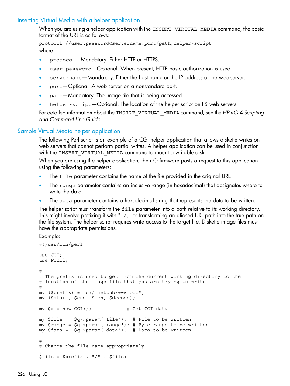 Inserting virtual media with a helper application, Sample virtual media helper application | HP Integrated Lights-Out 4 User Manual | Page 226 / 356