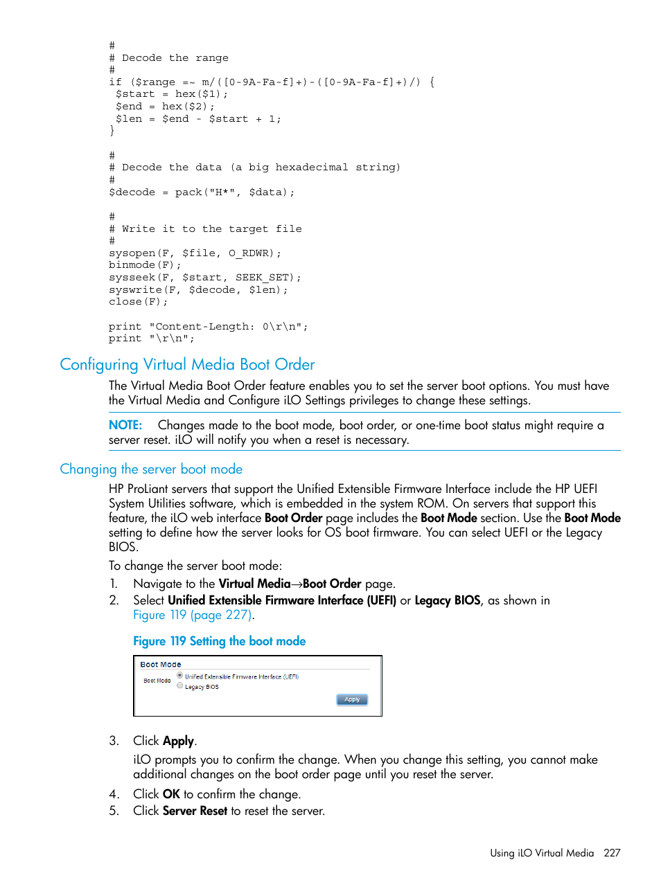 Configuring virtual media boot order, Changing the server boot mode | HP Integrated Lights-Out 4 User Manual | Page 227 / 356