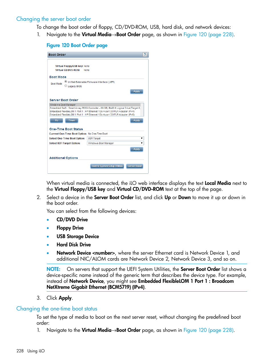 Changing the server boot order, Changing the one-time boot status | HP Integrated Lights-Out 4 User Manual | Page 228 / 356