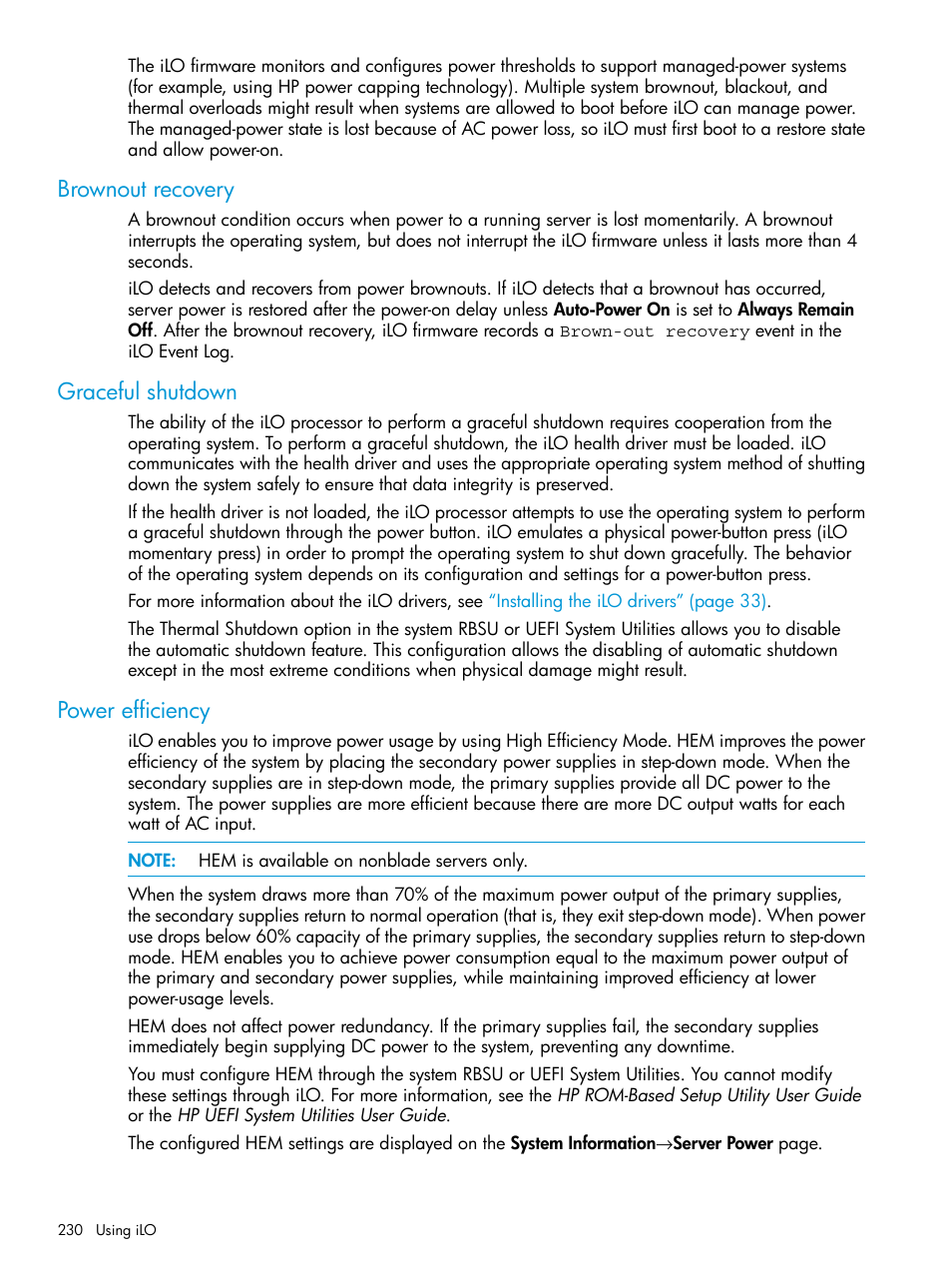 Brownout recovery, Graceful shutdown, Power efficiency | HP Integrated Lights-Out 4 User Manual | Page 230 / 356