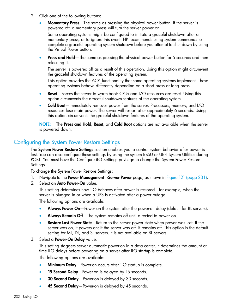 Configuring the system power restore settings | HP Integrated Lights-Out 4 User Manual | Page 232 / 356