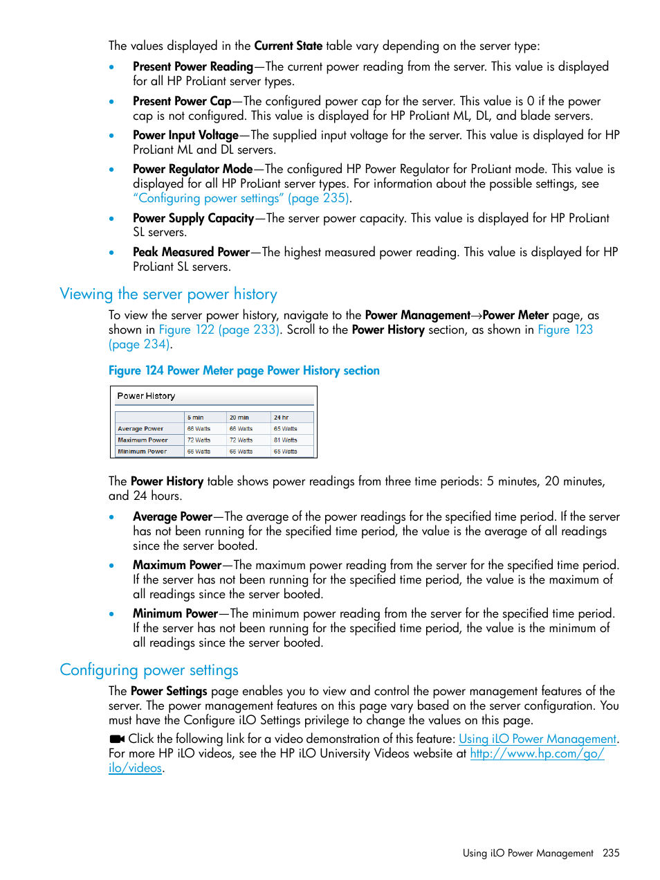 Viewing the server power history, Configuring power settings | HP Integrated Lights-Out 4 User Manual | Page 235 / 356