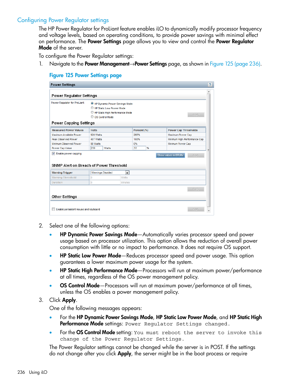 Configuring power regulator settings | HP Integrated Lights-Out 4 User Manual | Page 236 / 356