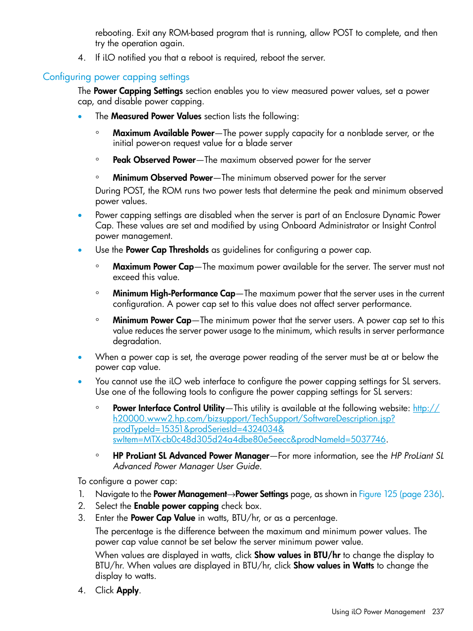 Configuring power capping settings | HP Integrated Lights-Out 4 User Manual | Page 237 / 356