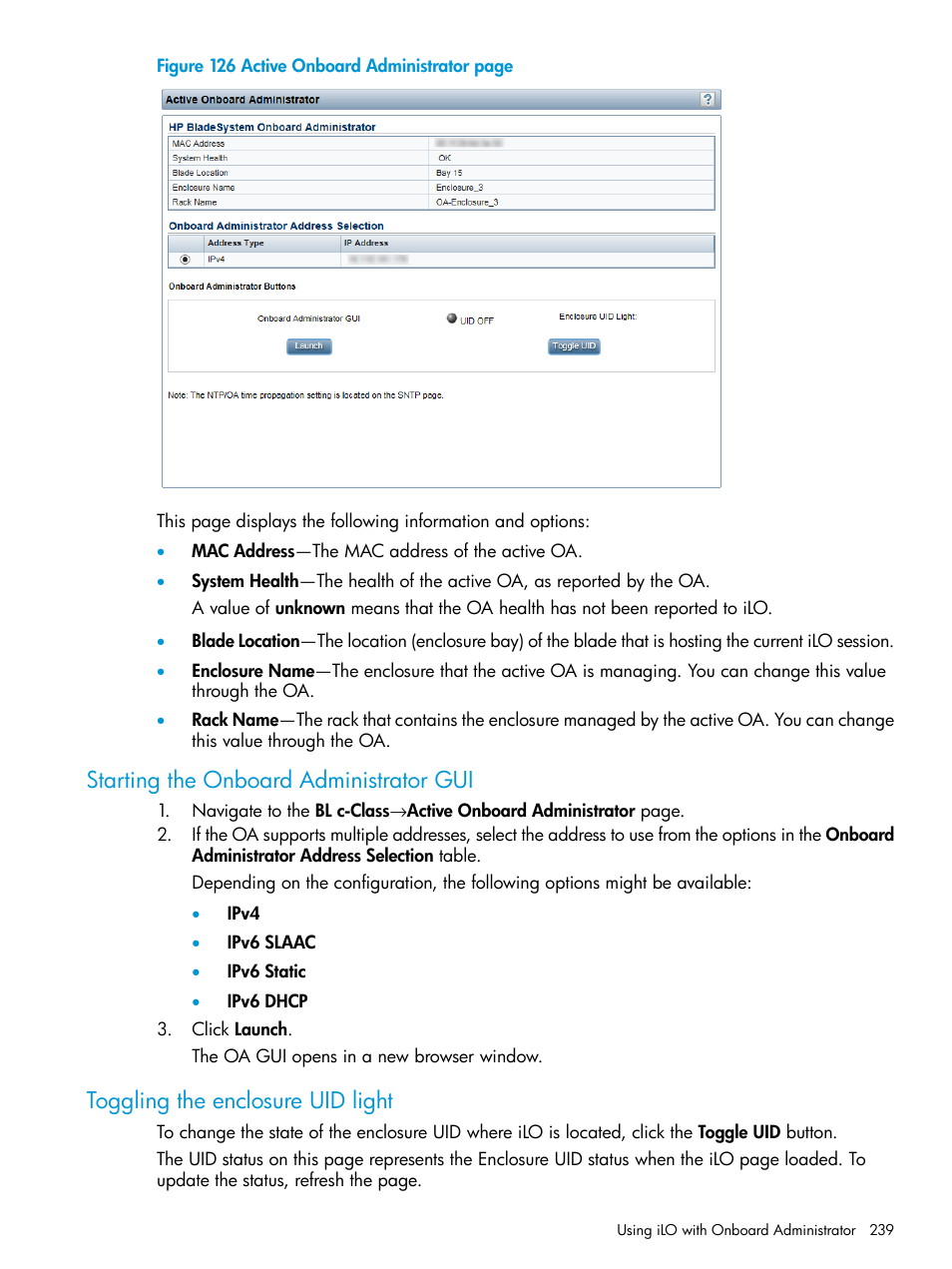 Starting the onboard administrator gui, Toggling the enclosure uid light | HP Integrated Lights-Out 4 User Manual | Page 239 / 356