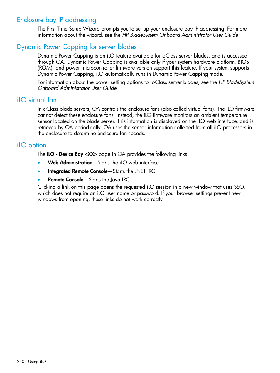 Enclosure bay ip addressing, Dynamic power capping for server blades, Ilo virtual fan | Ilo option | HP Integrated Lights-Out 4 User Manual | Page 240 / 356