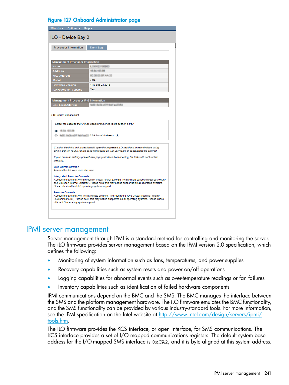 Ipmi server management | HP Integrated Lights-Out 4 User Manual | Page 241 / 356