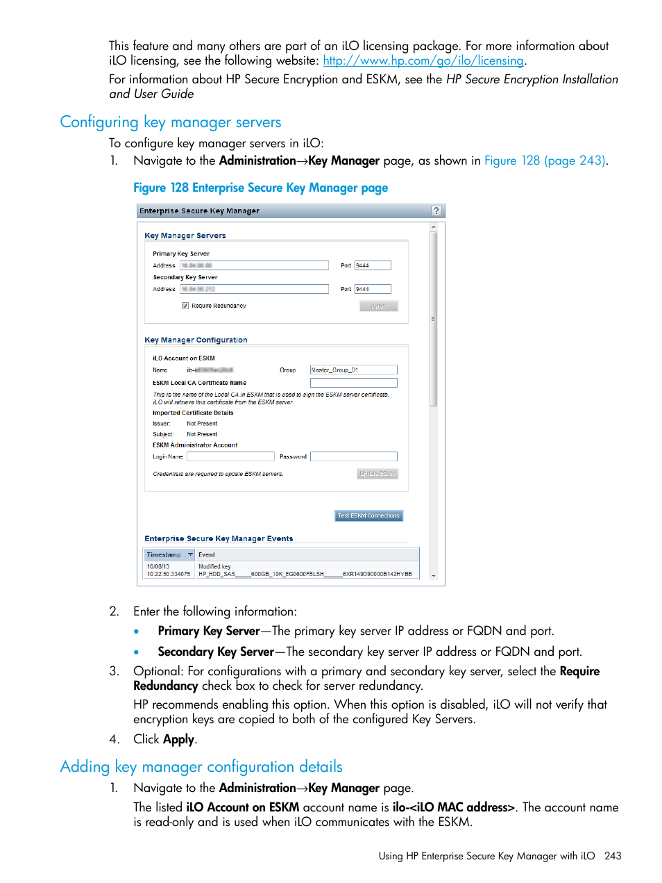 Configuring key manager servers, Adding key manager configuration details | HP Integrated Lights-Out 4 User Manual | Page 243 / 356