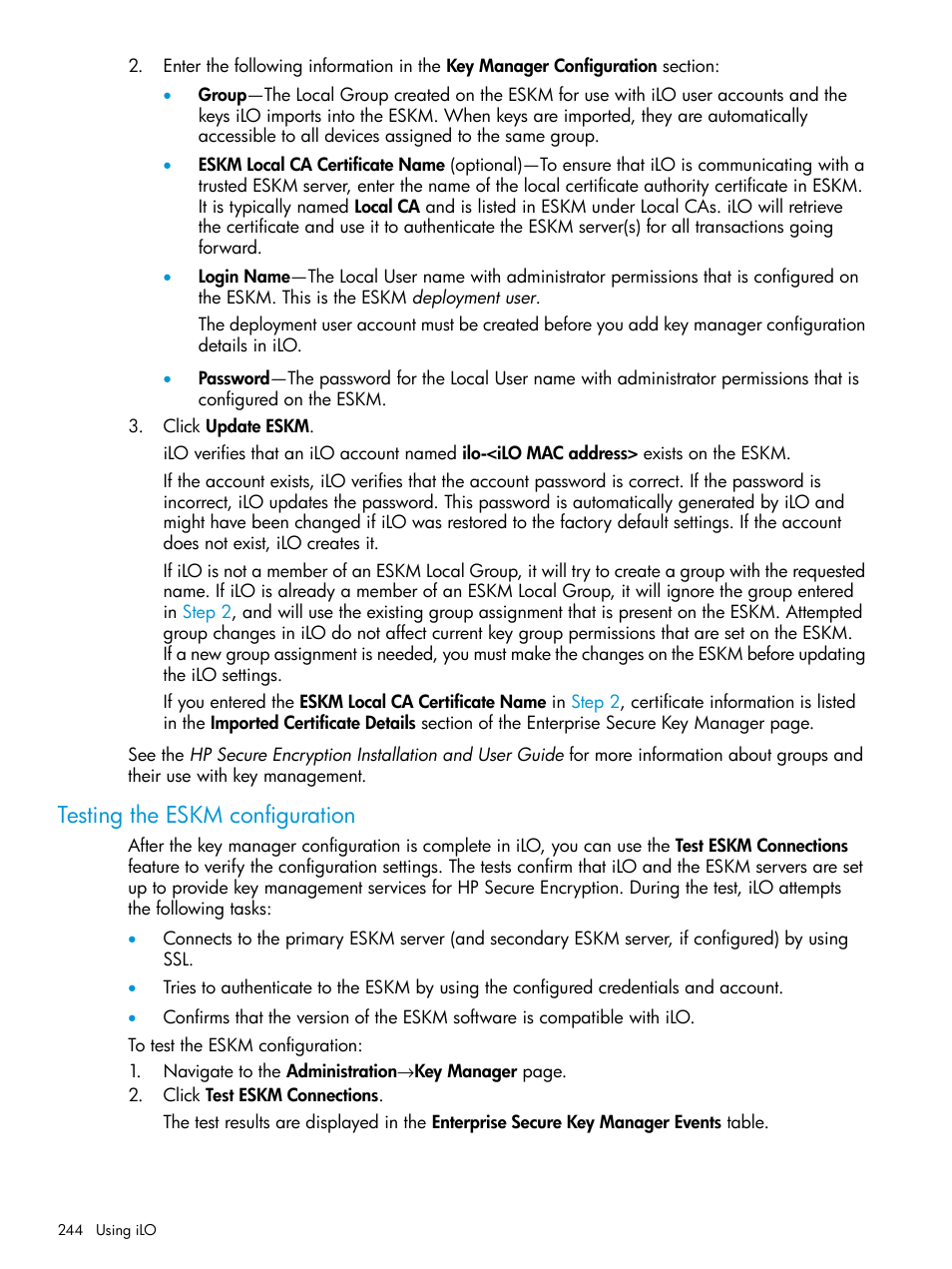 Testing the eskm configuration | HP Integrated Lights-Out 4 User Manual | Page 244 / 356