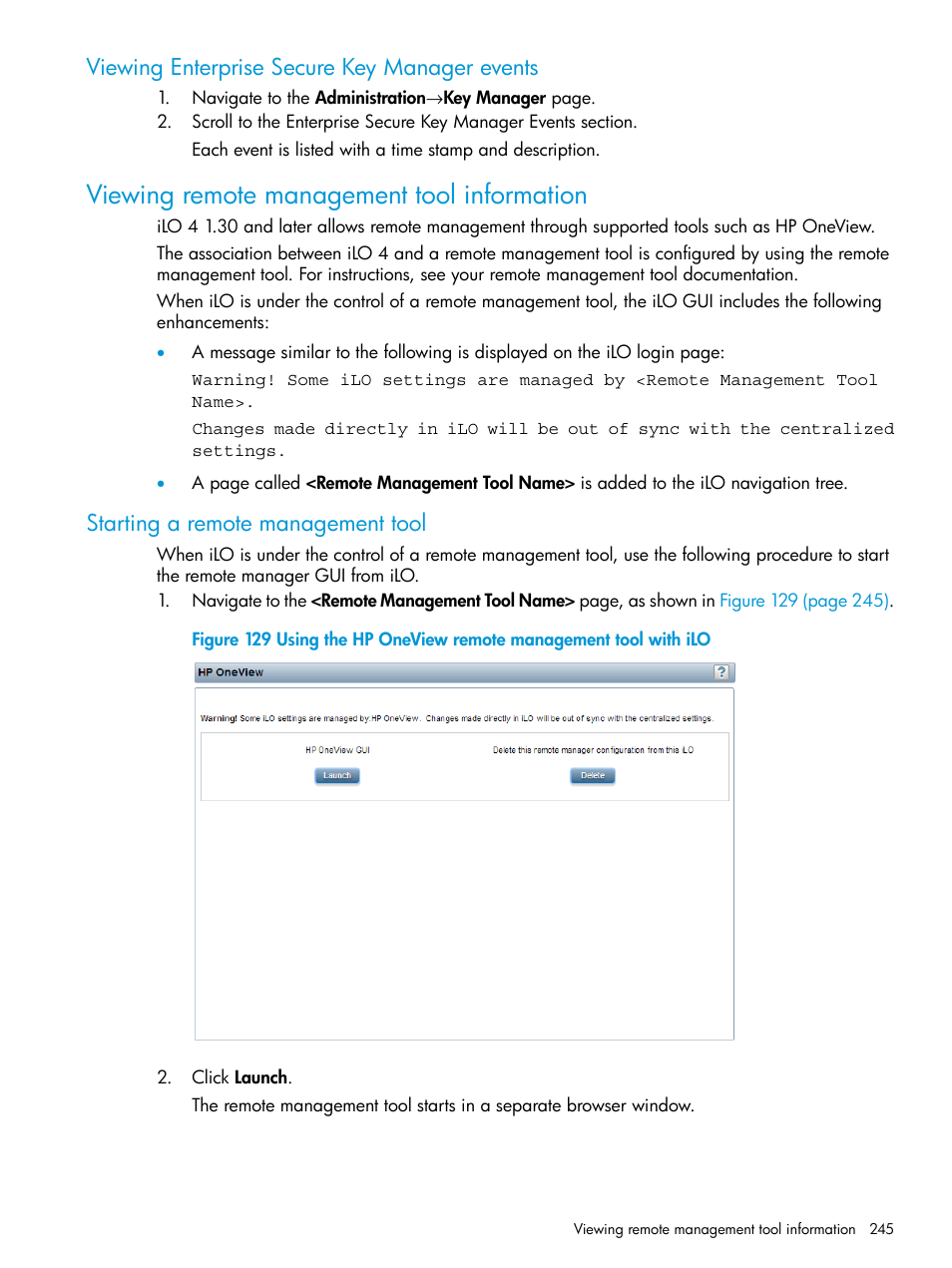 Viewing enterprise secure key manager events, Viewing remote management tool information, Starting a remote management tool | HP Integrated Lights-Out 4 User Manual | Page 245 / 356