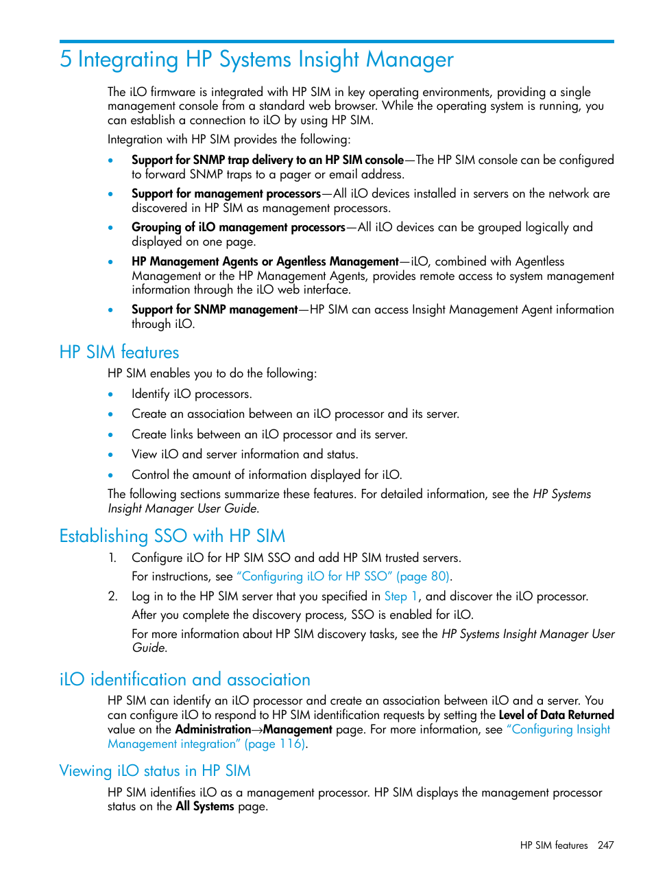 5 integrating hp systems insight manager, Hp sim features, Establishing sso with hp sim | Ilo identification and association, Viewing ilo status in hp sim | HP Integrated Lights-Out 4 User Manual | Page 247 / 356