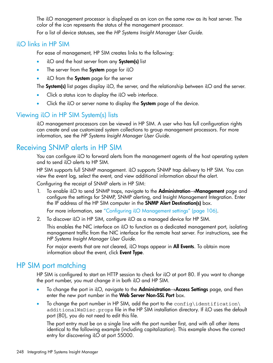 Ilo links in hp sim, Viewing ilo in hp sim system(s) lists, Receiving snmp alerts in hp sim | Hp sim port matching | HP Integrated Lights-Out 4 User Manual | Page 248 / 356