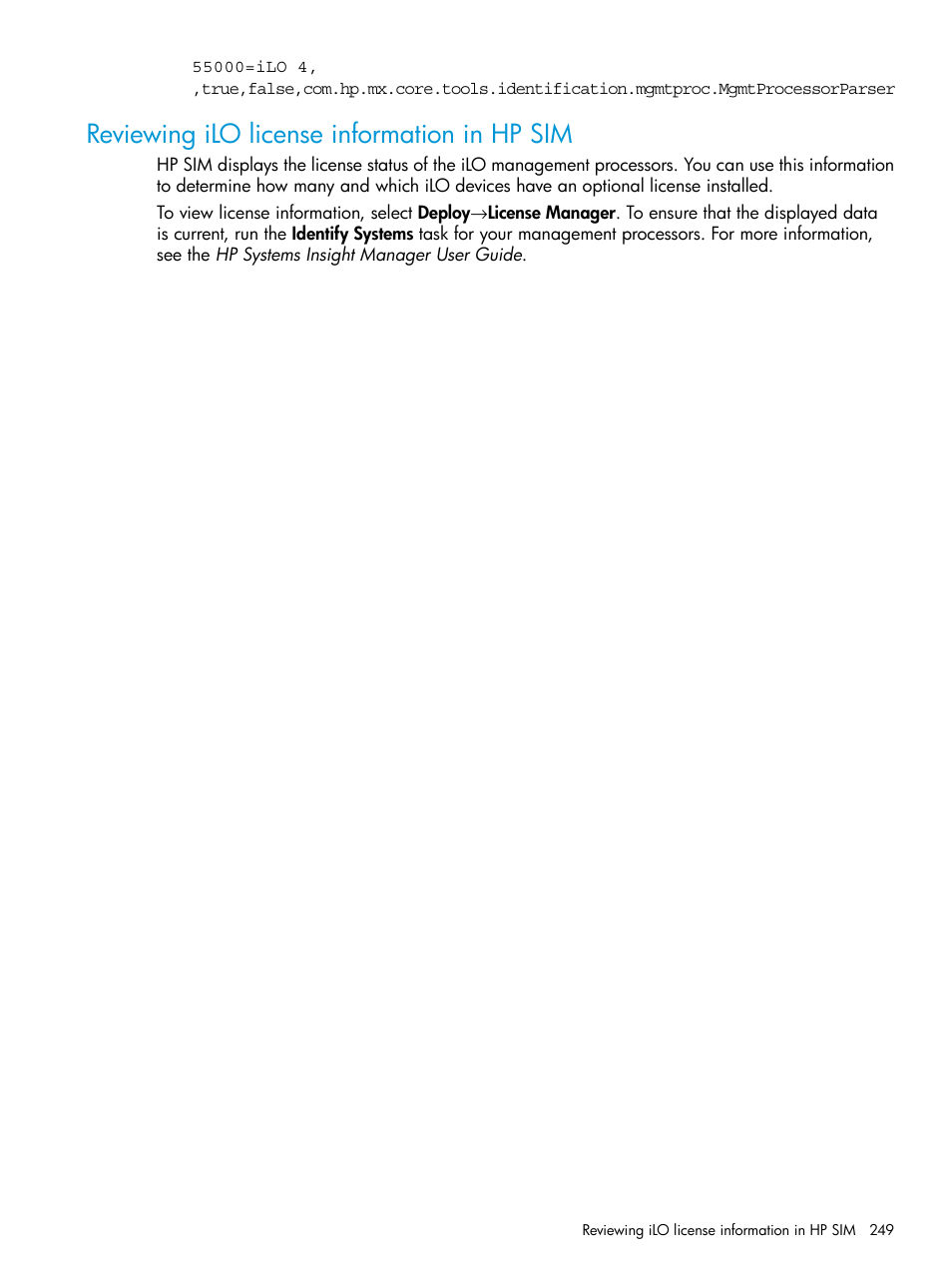 Reviewing ilo license information in hp sim | HP Integrated Lights-Out 4 User Manual | Page 249 / 356
