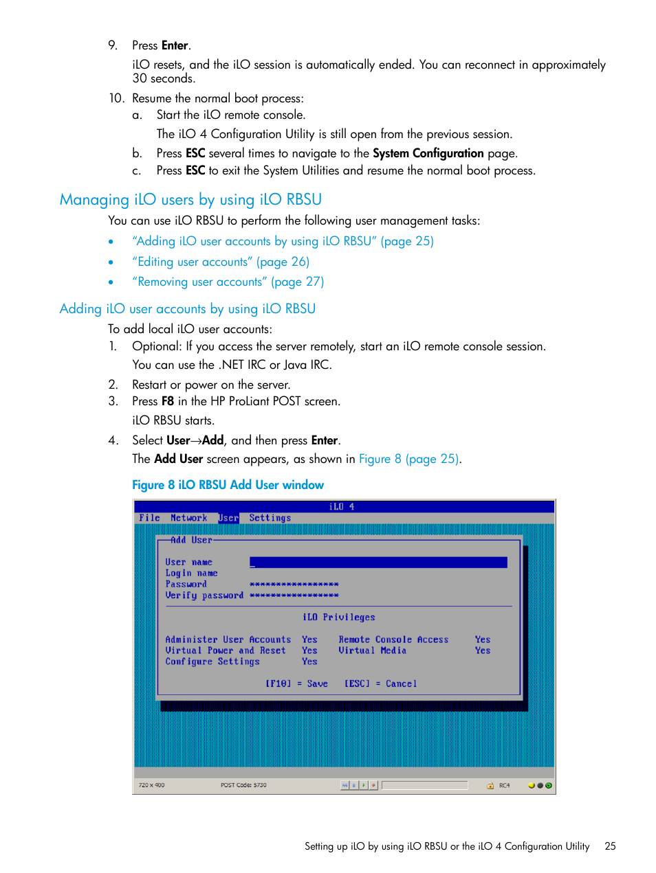 Managing ilo users by using ilo rbsu, Adding ilo user accounts by using ilo rbsu | HP Integrated Lights-Out 4 User Manual | Page 25 / 356