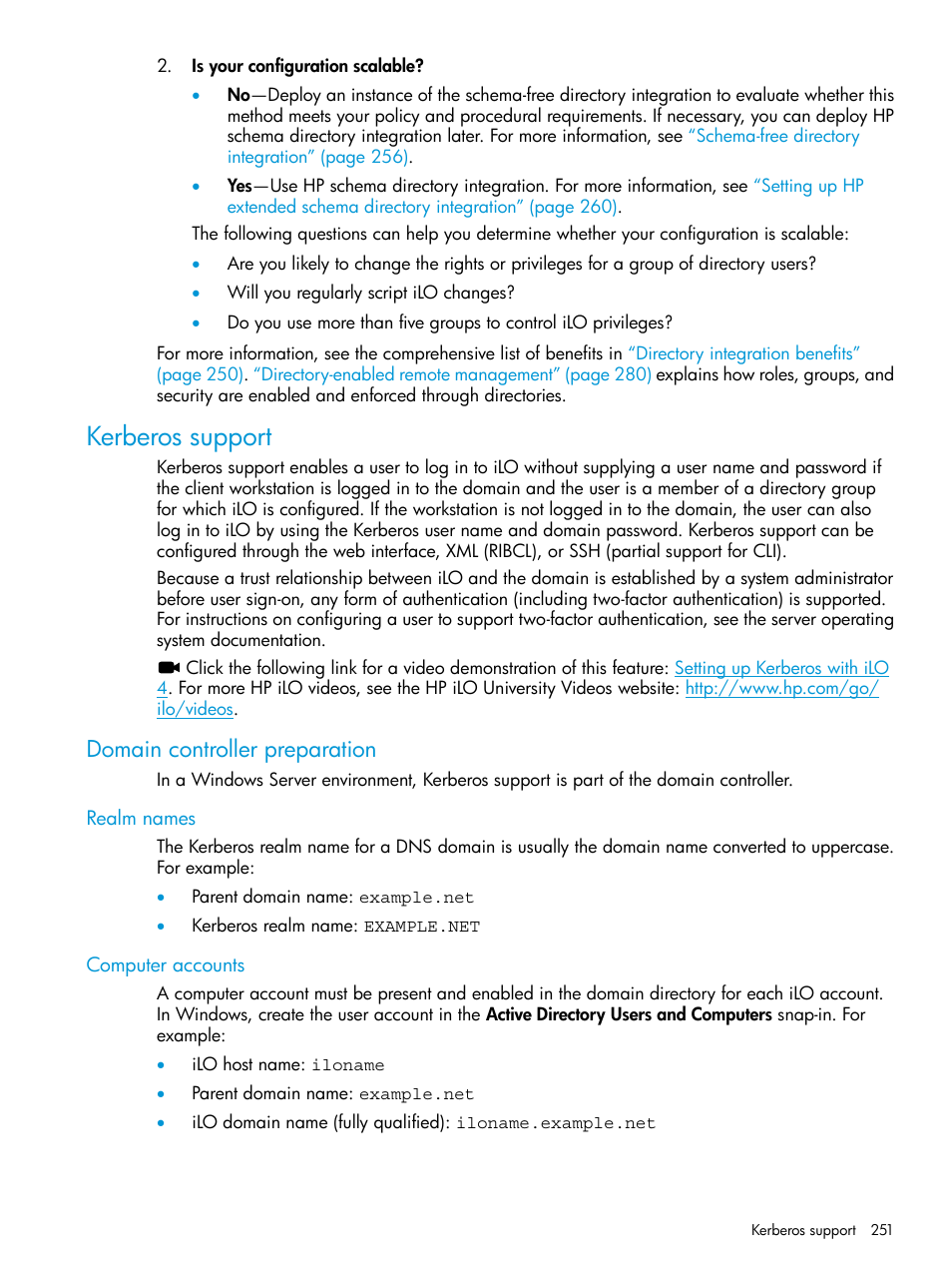 Kerberos support, Domain controller preparation, Realm names | Computer accounts, Realm names computer accounts | HP Integrated Lights-Out 4 User Manual | Page 251 / 356