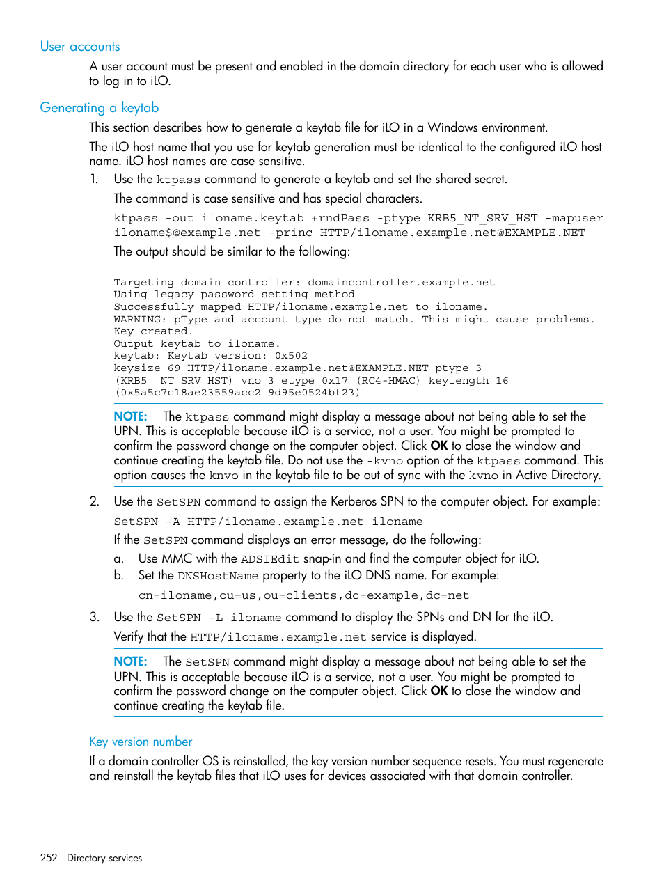 User accounts, Generating a keytab, Key version number | User accounts generating a keytab | HP Integrated Lights-Out 4 User Manual | Page 252 / 356