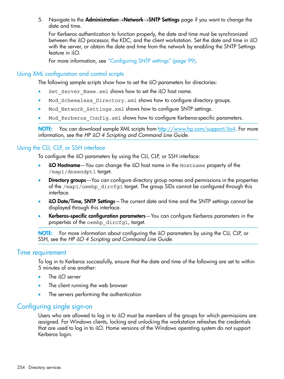 Using xml configuration and control scripts, Using the cli, clp, or ssh interface, Time requirement | Configuring single sign-on, Time requirement configuring single sign-on | HP Integrated Lights-Out 4 User Manual | Page 254 / 356