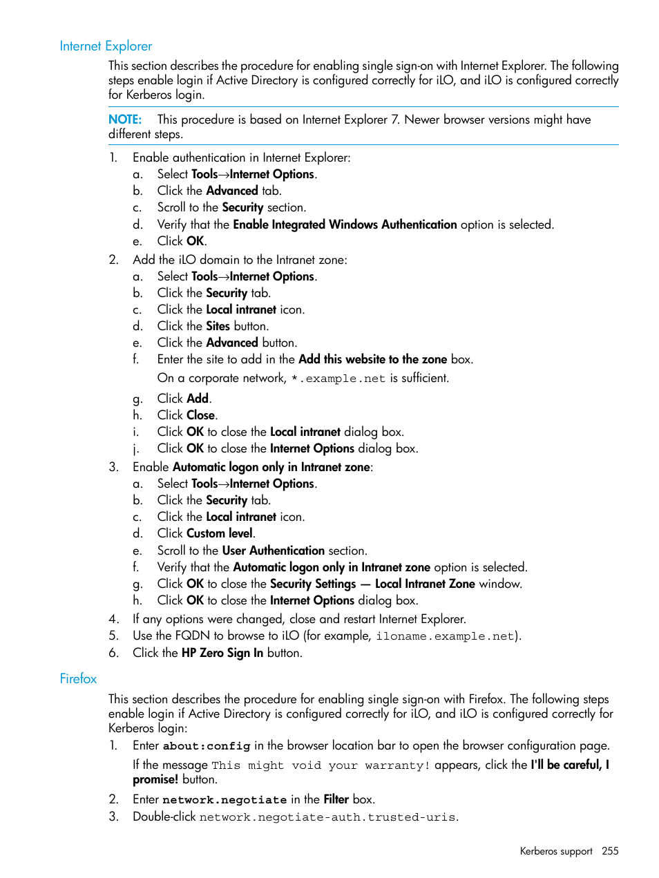 Internet explorer, Firefox, Internet explorer firefox | HP Integrated Lights-Out 4 User Manual | Page 255 / 356