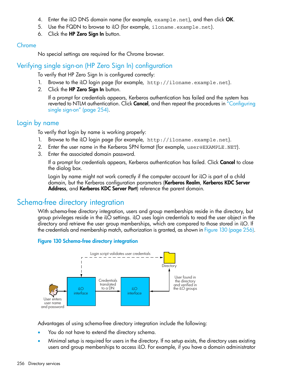 Chrome, Login by name, Schema-free directory integration | Schema-free directory | HP Integrated Lights-Out 4 User Manual | Page 256 / 356