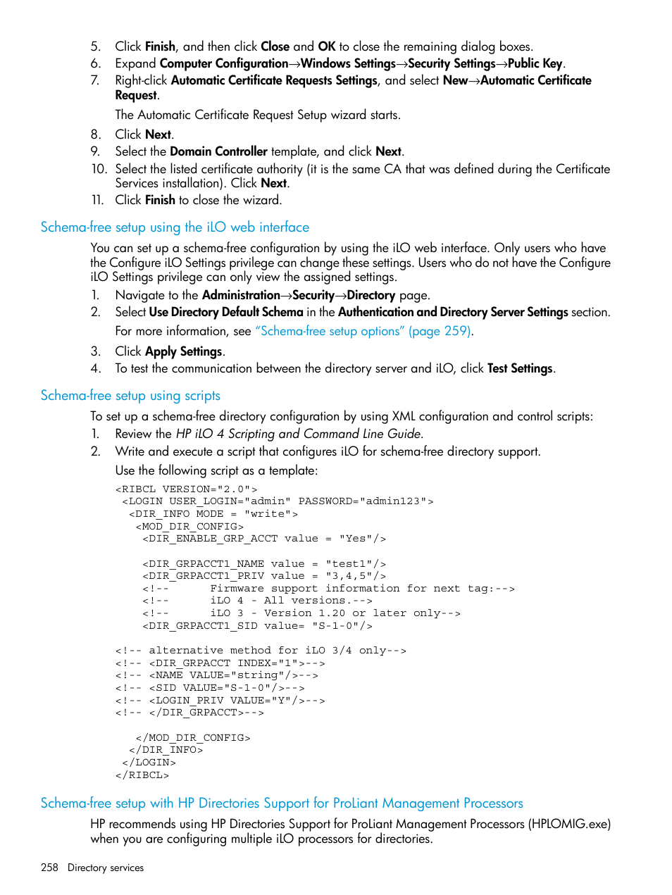 Schema-free setup using the ilo web interface, Schema-free setup using scripts | HP Integrated Lights-Out 4 User Manual | Page 258 / 356