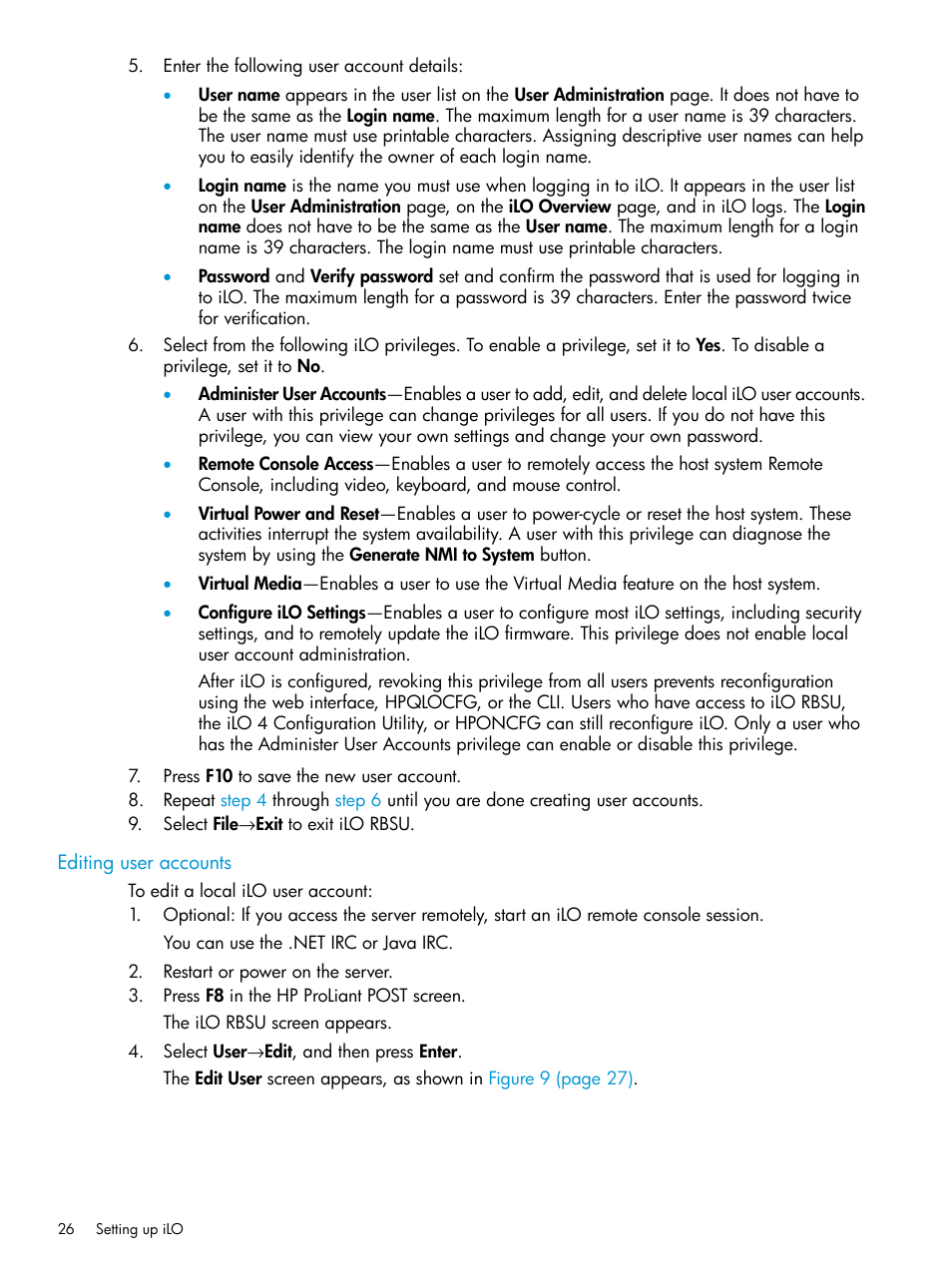 Editing user accounts | HP Integrated Lights-Out 4 User Manual | Page 26 / 356