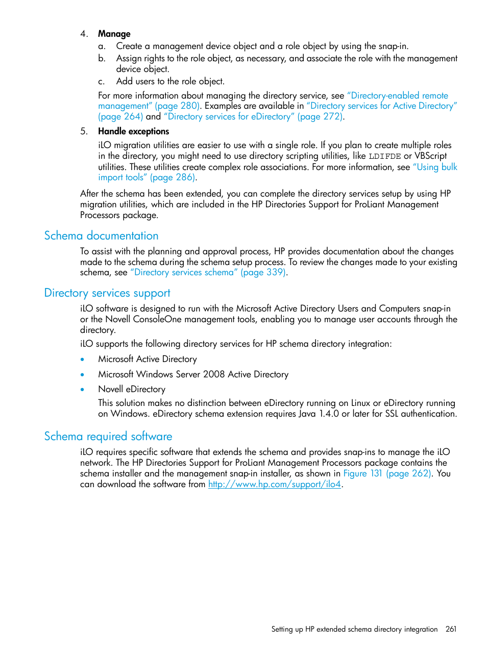 Schema documentation, Directory services support, Schema required software | HP Integrated Lights-Out 4 User Manual | Page 261 / 356