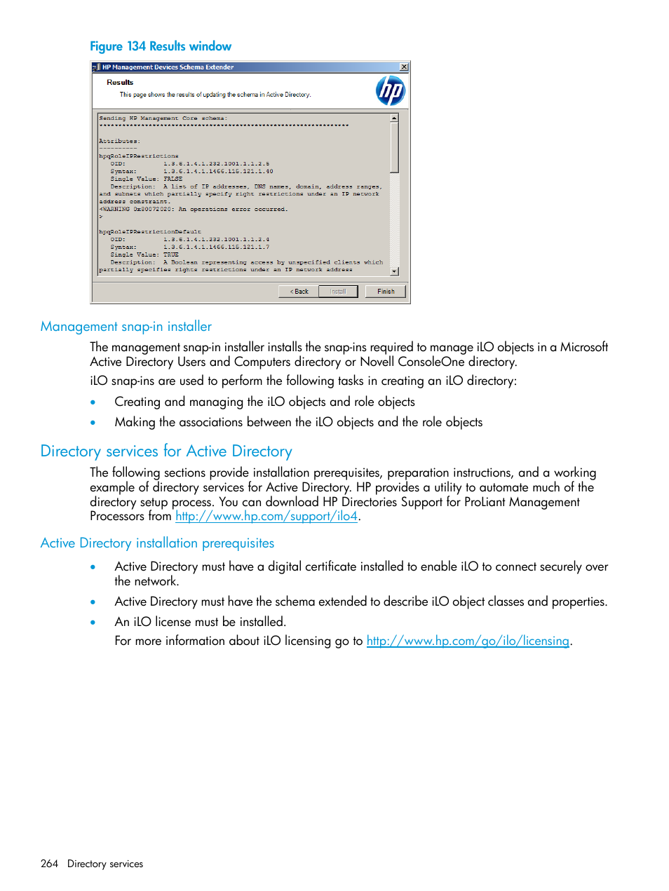 Management snap-in installer, Directory services for active directory, Active directory installation prerequisites | Figure 134 | HP Integrated Lights-Out 4 User Manual | Page 264 / 356