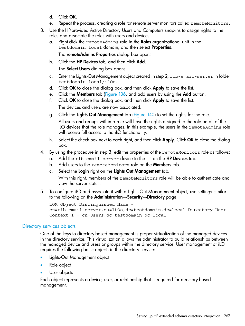 Directory services objects | HP Integrated Lights-Out 4 User Manual | Page 267 / 356