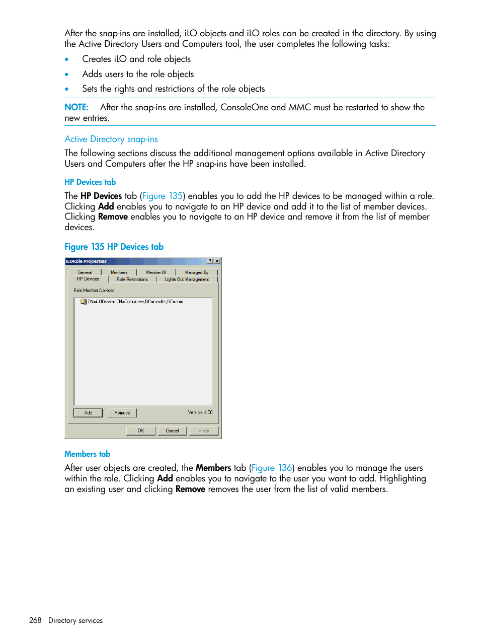 Active directory snap-ins, Hp devices tab, Members tab | HP Integrated Lights-Out 4 User Manual | Page 268 / 356