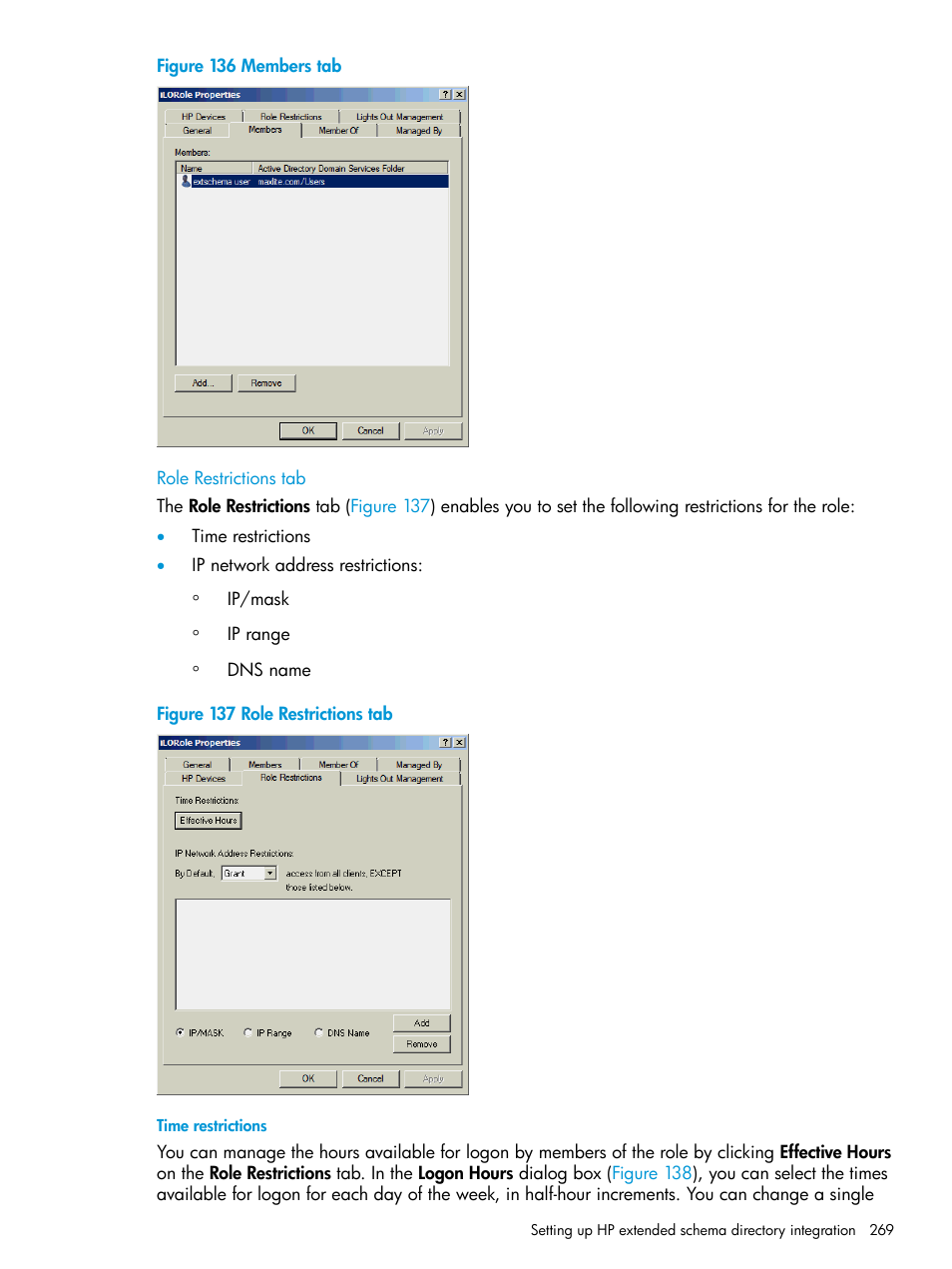 Role restrictions tab, Time restrictions, Figure 136 | HP Integrated Lights-Out 4 User Manual | Page 269 / 356