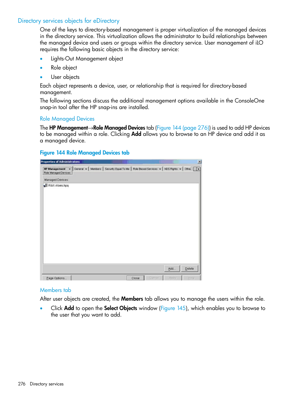 Directory services objects for edirectory, Role managed devices, Members tab | Role managed devices members tab, Figure 144 | HP Integrated Lights-Out 4 User Manual | Page 276 / 356