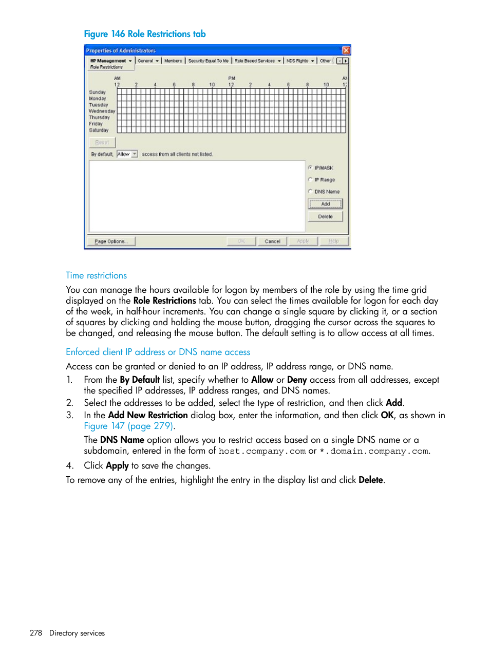 Time restrictions, Enforced client ip address or dns name access | HP Integrated Lights-Out 4 User Manual | Page 278 / 356