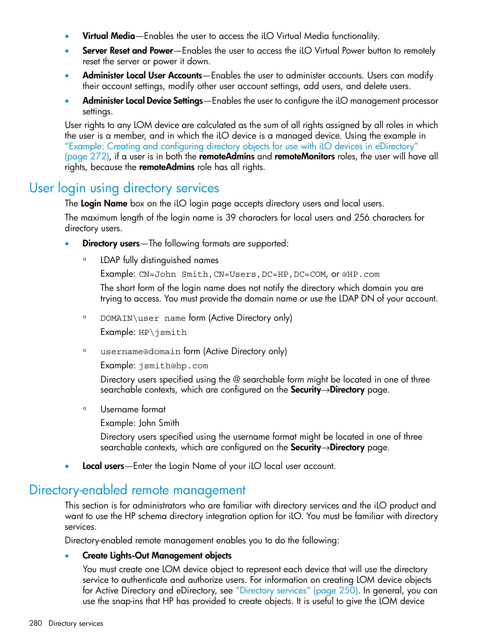 User login using directory services, Directory-enabled remote management, Directory-enabled | Directory-enabled remote | HP Integrated Lights-Out 4 User Manual | Page 280 / 356