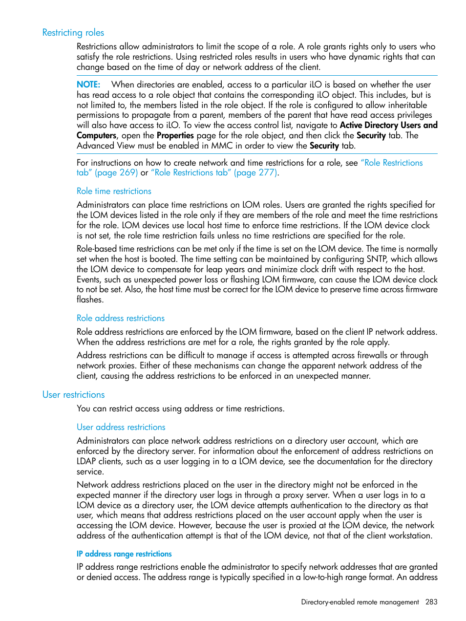 Restricting roles, Role time restrictions, Role address restrictions | User restrictions, User address restrictions, Ip address range restrictions, Role time restrictions role address restrictions | HP Integrated Lights-Out 4 User Manual | Page 283 / 356