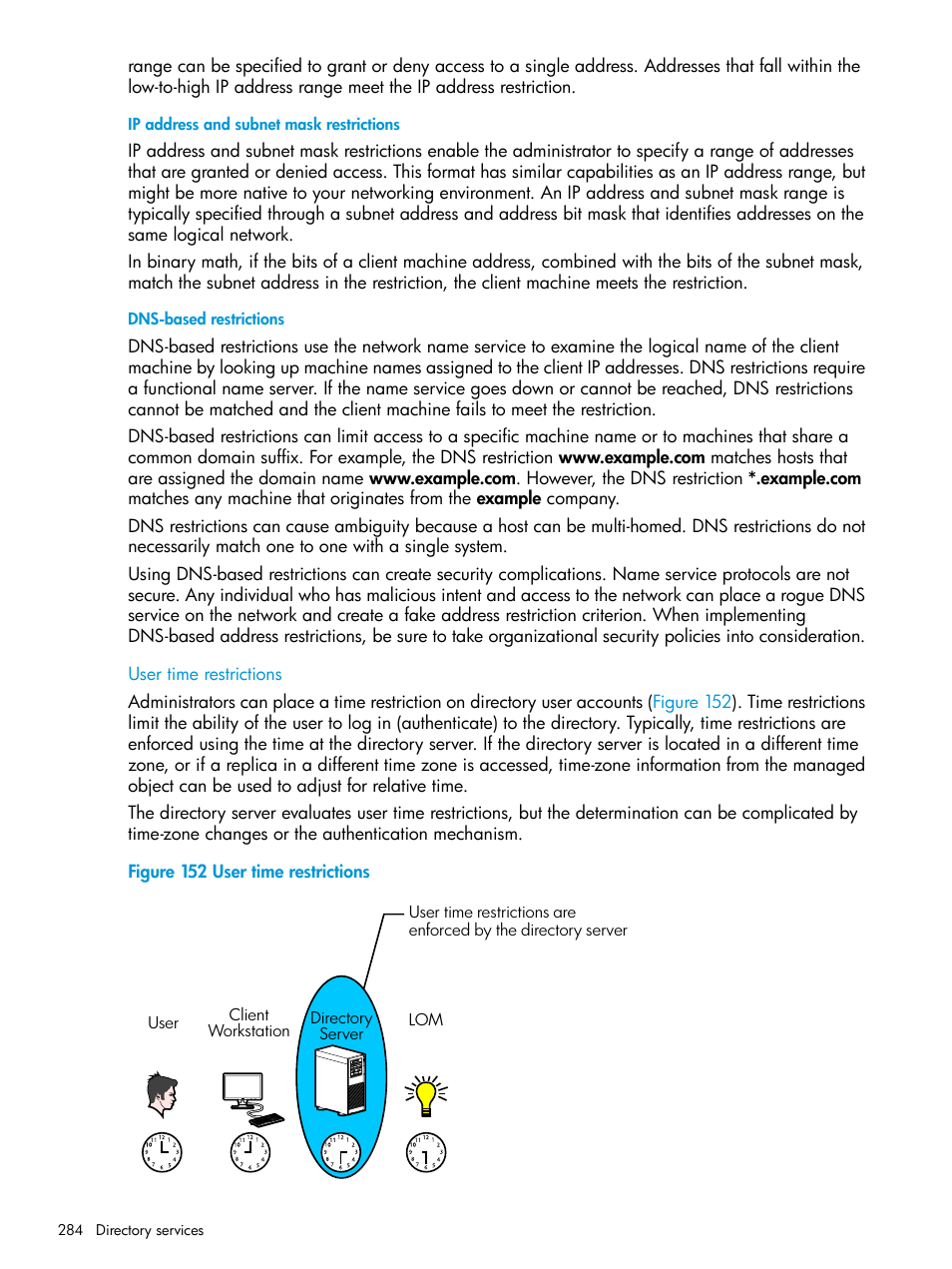 Ip address and subnet mask restrictions, Dns-based restrictions, User time restrictions | HP Integrated Lights-Out 4 User Manual | Page 284 / 356