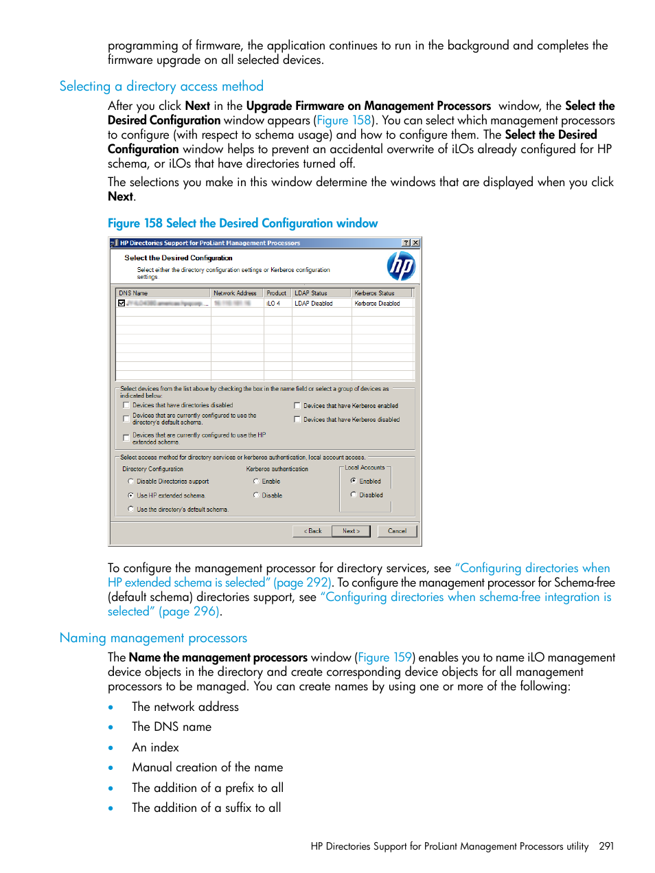 Selecting a directory access method, Naming management processors | HP Integrated Lights-Out 4 User Manual | Page 291 / 356