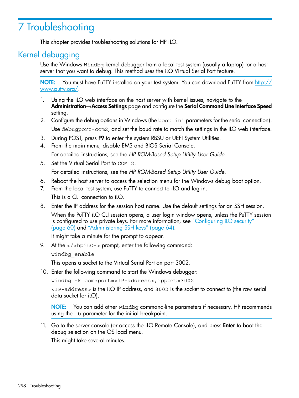 7 troubleshooting, Kernel debugging | HP Integrated Lights-Out 4 User Manual | Page 298 / 356