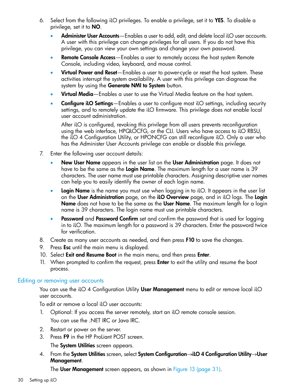 Editing or removing user accounts | HP Integrated Lights-Out 4 User Manual | Page 30 / 356