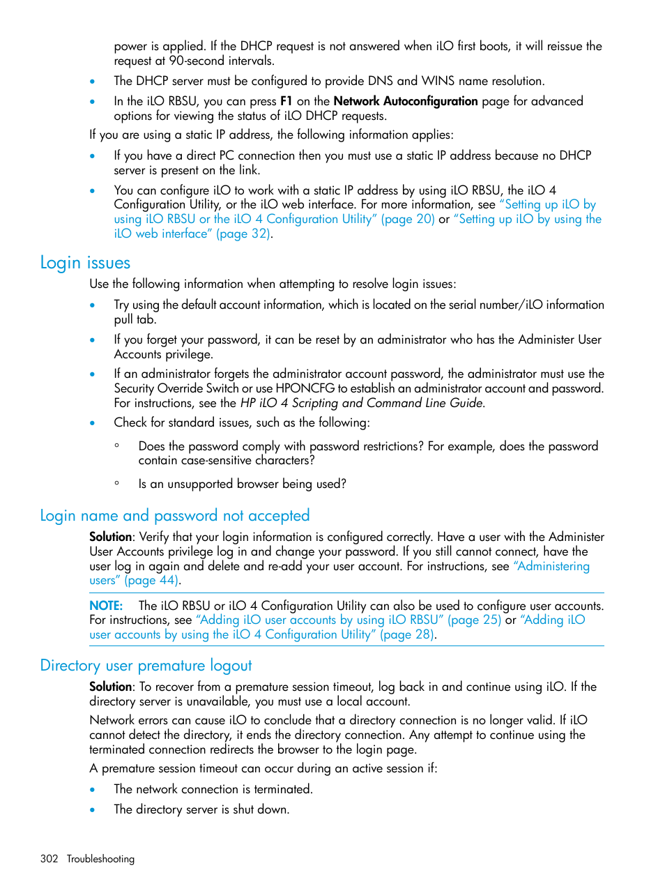 Login issues, Login name and password not accepted, Directory user premature logout | HP Integrated Lights-Out 4 User Manual | Page 302 / 356